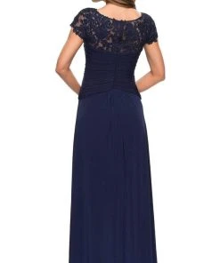 La Femme - Knot-Ornate Ruched Evening Dress 28029SC - 1 Pc Navy In Size 14 Available Formal Gowns