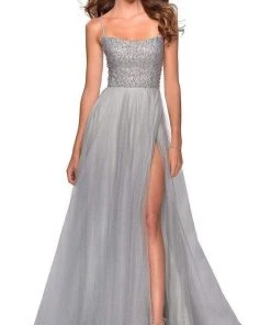 La Femme - Long Beaded Bodice High Slit Tulle Dress 28530SC - 1 Pc Silver In Size 0 Available Formal Gowns