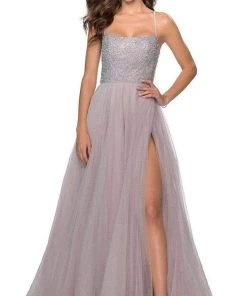 La Femme - Long Beaded Bodice High Slit Tulle Dress 28530SC - 1 Pc Silver In Size 0 Available Formal Gowns