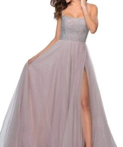 La Femme - Long Beaded Bodice High Slit Tulle Dress 28530SC - 1 Pc Silver In Size 0 Available Formal Gowns