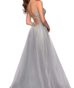 La Femme - Long Beaded Bodice High Slit Tulle Dress 28530SC - 1 Pc Silver In Size 0 Available Formal Gowns