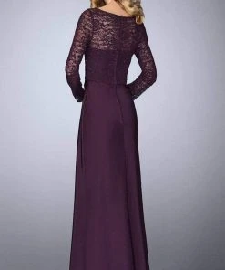 La Femme - Long Sleeve Beaded Lace Sheath Dress 23435SC - 1 Pc Plum In Size 4 Available Formal Gowns