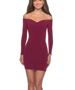 La Femme - Long Sleeve Off Shoulder Bandeau Back Dress 28212SC - 1 Pc Dark Berry In Size 2 Available Cocktail Dresses