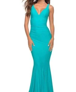 La Femme - Low V-Neck Ruched Prom Gown 30746SC - 1 Pc Aqua In Size 0 Available Formal Gowns