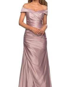 La Femme - Off Shoulder Draped Satin Gown 28103SC - 1 Pc Navy In Size 10 And 1 Pc Champagne In Size 16 Available
