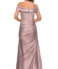 La Femme - Off Shoulder Draped Satin Gown 28103SC - 1 Pc Navy In Size 10 And 1 Pc Champagne In Size 16 Available
