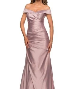 La Femme - Off Shoulder Draped Satin Gown 28103SC - 1 Pc Navy In Size 10 And 1 Pc Champagne In Size 16 Available