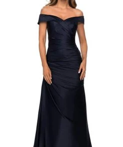 La Femme - Off Shoulder Draped Satin Gown 28103SC - 1 Pc Navy In Size 10 And 1 Pc Champagne In Size 16 Available