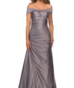 La Femme - Off Shoulder Draped Satin Gown 28103SC - 1 Pc Navy In Size 10 And 1 Pc Champagne In Size 16 Available