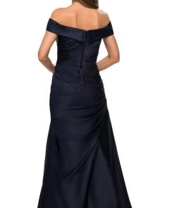 La Femme - Off Shoulder Draped Satin Gown 28103SC - 1 Pc Navy In Size 10 And 1 Pc Champagne In Size 16 Available