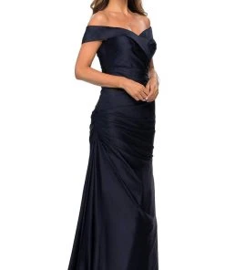 La Femme - Off Shoulder Draped Satin Gown 28103SC - 1 Pc Navy In Size 10 And 1 Pc Champagne In Size 16 Available