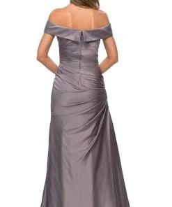 La Femme - Off Shoulder Draped Satin Gown 28103SC - 1 Pc Navy In Size 10 And 1 Pc Champagne In Size 16 Available