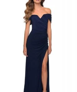 Formal Gowns La Femme - Off Shoulder Jersey Dress 28389SC - 1 Pc Navy In Size 10 Available