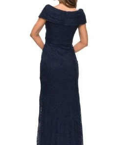 Formal Gowns La Femme - Off Shoulder Lace Sheath Dress 27982SC - 1 Pc Navy In Size 2 Available