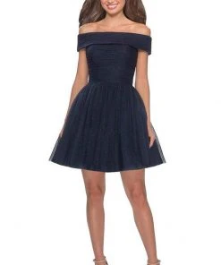 Cocktail Dresses La Femme - Off Shoulder Pleated A-Line Dress 28234SC - 1 Pc Navy In Size 8 Available