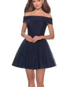 Cocktail Dresses La Femme - Off Shoulder Pleated A-Line Dress 28234SC - 1 Pc Navy In Size 8 Available