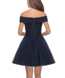 Cocktail Dresses La Femme - Off Shoulder Pleated A-Line Dress 28234SC - 1 Pc Navy In Size 8 Available