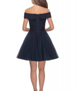 Cocktail Dresses La Femme - Off Shoulder Pleated A-Line Dress 28234SC - 1 Pc Navy In Size 8 Available