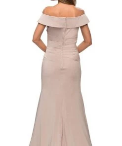 Formal Gowns La Femme - Off Shoulder Ruche-Ornate Trumpet Dress 28110SC - 1 Pc Champagne In Size 4 Available