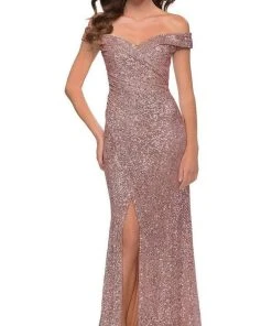 La Femme - Off Shoulder Sequined High Slit Dress 29831SC Formal Gowns 10 La Femme - Off Shoulder Sequined High Slit Dress 29831SC Formal Gowns