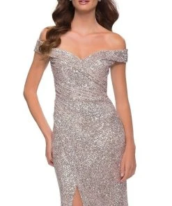 La Femme - Off Shoulder Sequined High Slit Dress 29831SC Formal Gowns 9 La Femme - Off Shoulder Sequined High Slit Dress 29831SC Formal Gowns