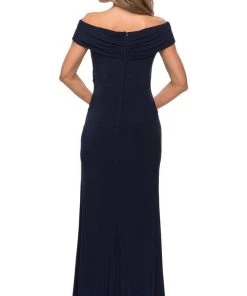 Formal Gowns La Femme - Pleat-Ornate Off Shoulder Jersey Dress 27959SC - 1 Pc Navy In Size 8 Available