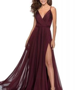 La Femme - Pleated Ornate Chiffon High Slit Dress 28611SC Formal Gowns