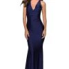 La Femme - Plunging Halter V-Neck Fitted Sheath Dress 28579SC - 1 Pc Navy In Size 00 Available