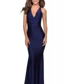 La Femme - Plunging Halter V-Neck Fitted Sheath Dress 28579SC - 1 Pc Navy In Size 00 Available