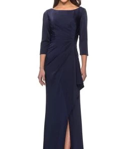 Formal Gowns La Femme - Quarter Sleeve Draped High Slit Dress 28197SC