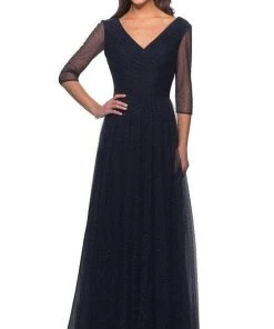 La Femme - Quarter Sleeve Glitter Formal Dress 28097SC - 1 Pc Navy In Size 12 Available Formal Gowns