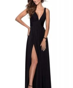 La Femme - Ruche-Ornate High Slit A-Line Dress 28547SC Formal Gowns 8 La Femme - Ruche-Ornate High Slit A-Line Dress 28547SC Formal Gowns