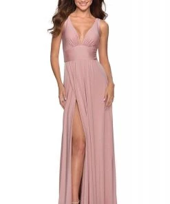 La Femme - Ruche-Ornate High Slit A-Line Dress 28547SC Formal Gowns 9 La Femme - Ruche-Ornate High Slit A-Line Dress 28547SC Formal Gowns