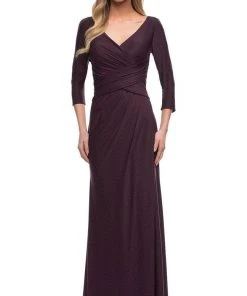 La Femme - Ruche-Ornate V-Neck Evening Dress 29223SC - 1 Pc Dark Garnet In Size 14 Available Mother Of The Bride