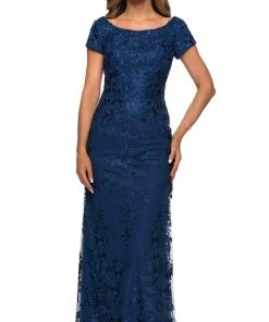 Formal Gowns La Femme - Scoop Embroidered Formal Dress 27842SC - 1 Pc Navy In Size 6 Available