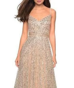 La Femme - Sequin-Ornate A-line Dress 27747SC - 1 Pc Gold In Size 14 Available