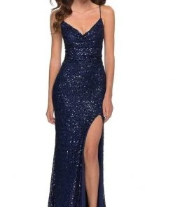 La Femme - Sequined Cowl Prom Dress 29657SC - 1 Pc Navy In Size 4 Available Formal Gowns