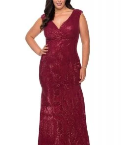 Plus Size Dresses La Femme - Sequined Faux Wrap Gown 28962SC - 1 Pc Wine In Size 12W Available