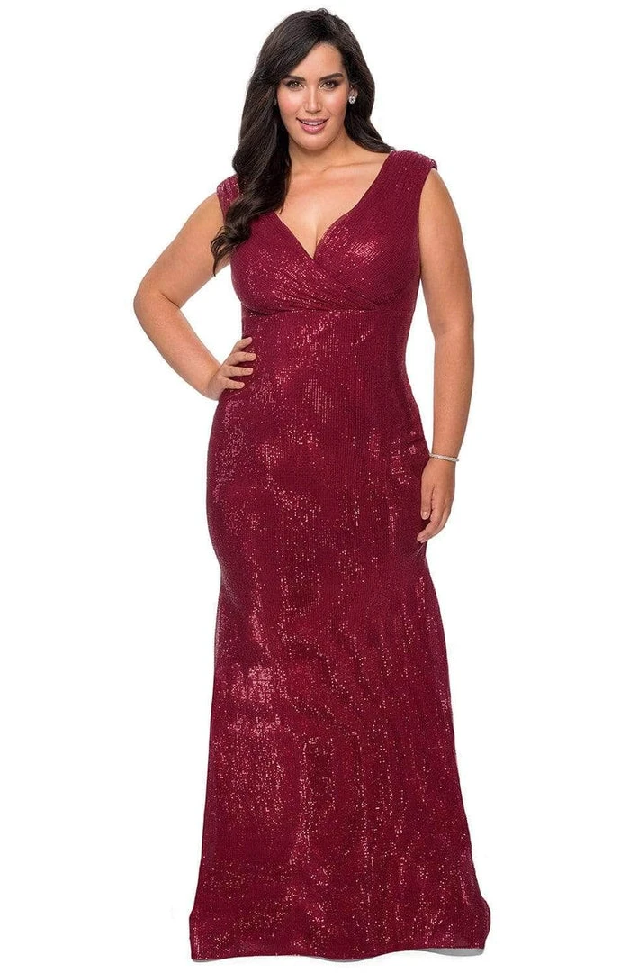 Plus Size Dresses La Femme - Sequined Faux Wrap Gown 28962SC - 1 Pc Wine In Size 12W Available 3 Plus Size Dresses La Femme - Sequined Faux Wrap Gown 28962SC - 1 Pc Wine In Size 12W Available