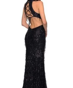 Formal Gowns La Femme - Sequined Fringe High Halter Evening Dress 28819SC - 1 Pc Silver In Size 0 Available