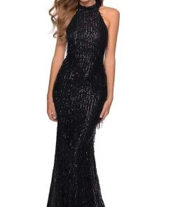 Formal Gowns La Femme - Sequined Fringe High Halter Evening Dress 28819SC - 1 Pc Silver In Size 0 Available