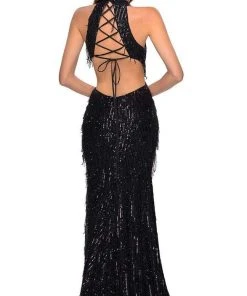 Formal Gowns La Femme - Sequined Fringe High Halter Evening Dress 28819SC - 1 Pc Silver In Size 0 Available