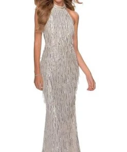 Formal Gowns La Femme - Sequined Fringe High Halter Evening Dress 28819SC - 1 Pc Silver In Size 0 Available