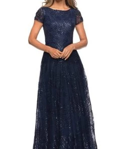 La Femme - Sequined Lace Bateau A-line Dress 27837SC - 1 Pc Navy In Size 12 Available