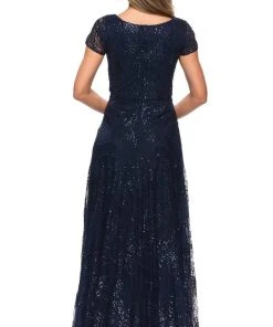 La Femme - Sequined Lace Bateau A-line Dress 27837SC - 1 Pc Navy In Size 12 Available 6 La Femme - Sequined Lace Bateau A-line Dress 27837SC - 1 Pc Navy In Size 12 Available