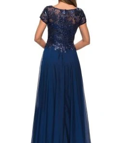La Femme - Sequined Lace Bodice A-Line Dress 27924SC - 1 Pc Navy In Size 16 Available