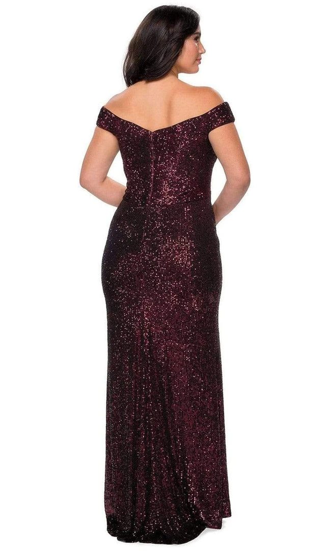 La Femme - Sequined Off-Shoulder Sheath Dress 28795SC - 1 Pc Wine In Size 12W Available Formal Gowns 4 La Femme - Sequined Off-Shoulder Sheath Dress 28795SC - 1 Pc Wine In Size 12W Available Formal Gowns