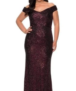 La Femme - Sequined Off-Shoulder Sheath Dress 28795SC - 1 Pc Wine In Size 12W Available Formal Gowns