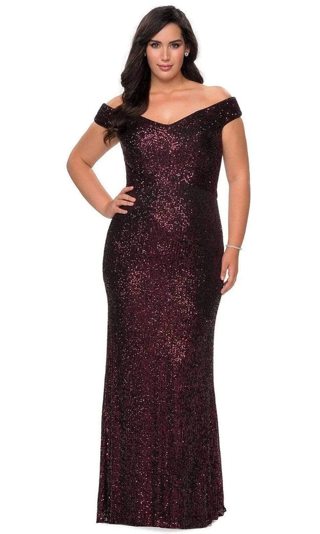 La Femme - Sequined Off-Shoulder Sheath Dress 28795SC - 1 Pc Wine In Size 12W Available Formal Gowns 3 La Femme - Sequined Off-Shoulder Sheath Dress 28795SC - 1 Pc Wine In Size 12W Available Formal Gowns