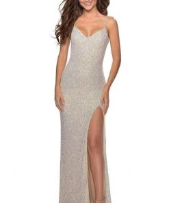 Formal Gowns La Femme - Sequined V-Neck Dress With Slit 28441SC - 1 Pc Champagne In Size 2 Available